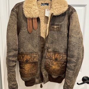 Polo Ralph Lauren Bear Shearling Lamb Fur Bomber Aviator Flight Leather Jacket